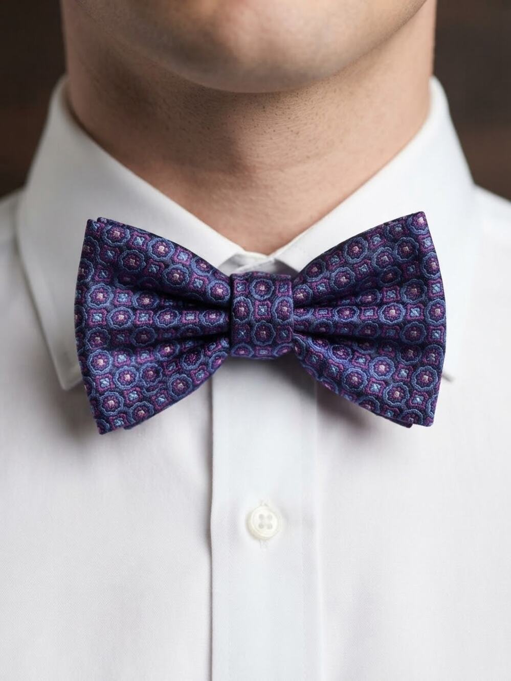 NWT Daniel Cremieux purple blue white circle medallion silk bow tie